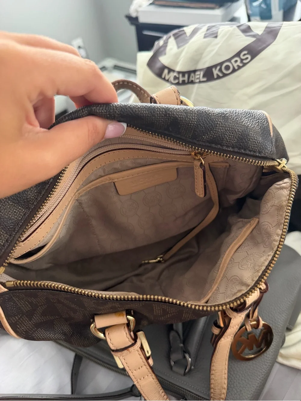 Michael Kors Dark Brown MK Logo Satchel with Tan Trim